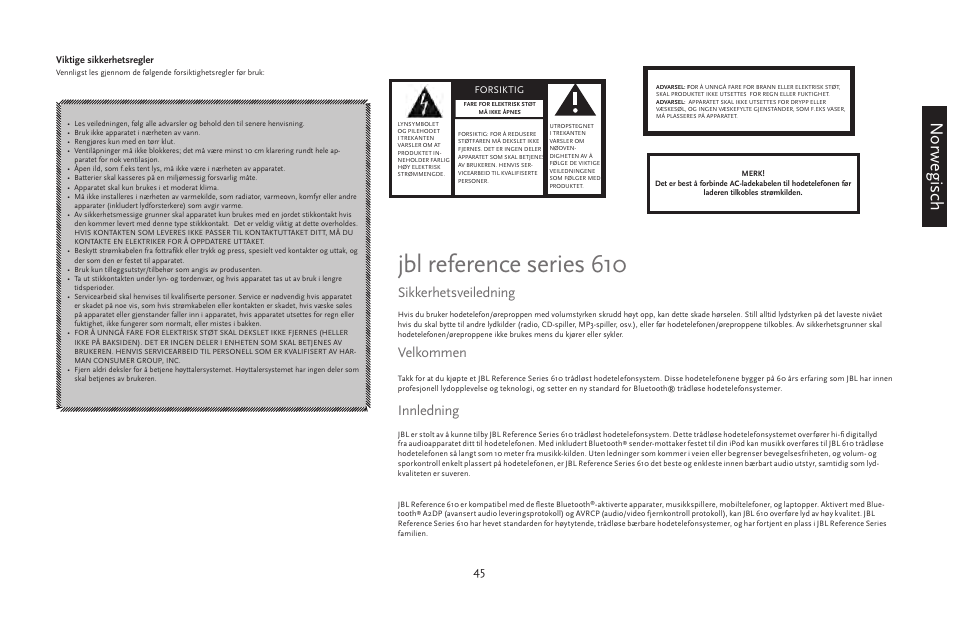 Jbl reference series 610, Norwegisch, Sikkerhetsveiledning | Velkommen, Innledning | JBL 610 User Manual | Page 45 / 68