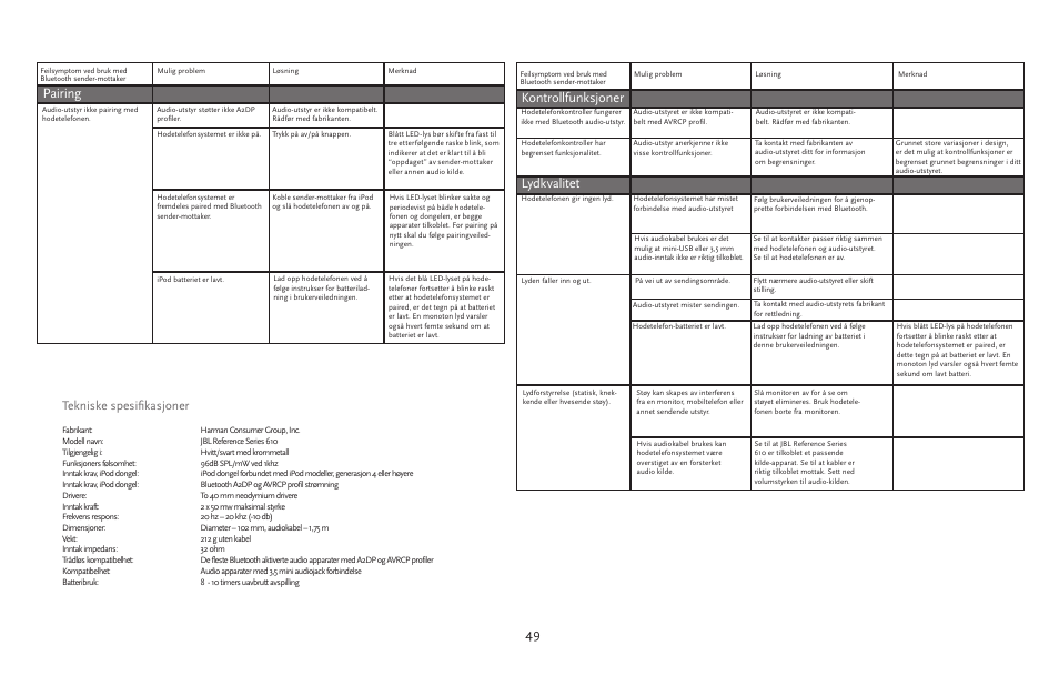 49 pairing, Lydkvalitet, Kontrollfunksjoner | Tekniske spesifikasjoner | JBL 610 User Manual | Page 49 / 68