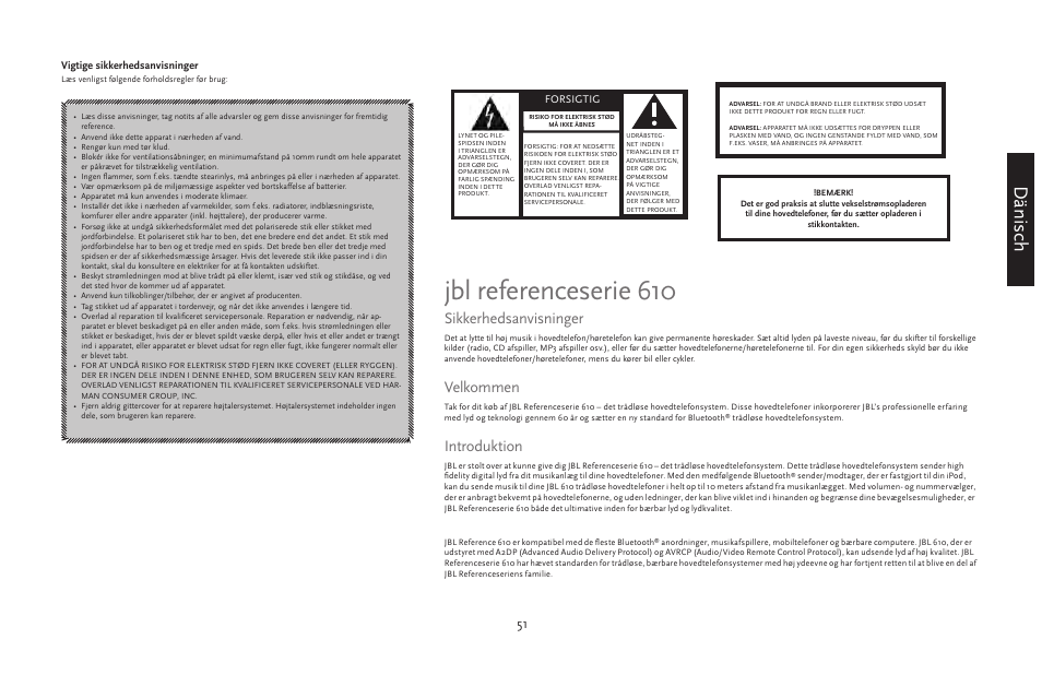 Jbl referenceserie 610, Dänisch, Sikkerhedsanvisninger | Velkommen, Introduktion | JBL 610 User Manual | Page 51 / 68