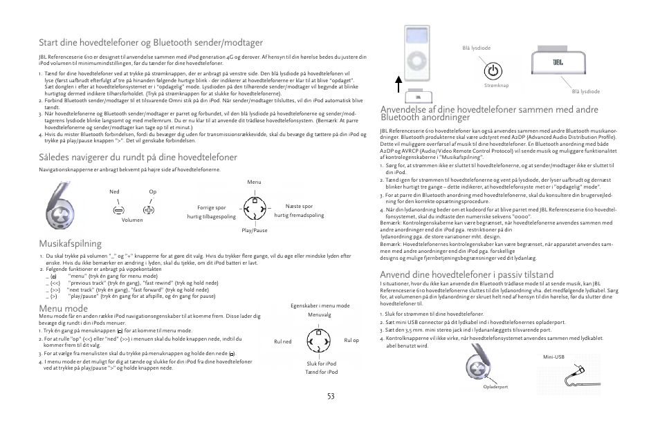 Musikafspilning, Således navigerer du rundt på dine hovedtelefoner, Menu mode | JBL 610 User Manual | Page 53 / 68