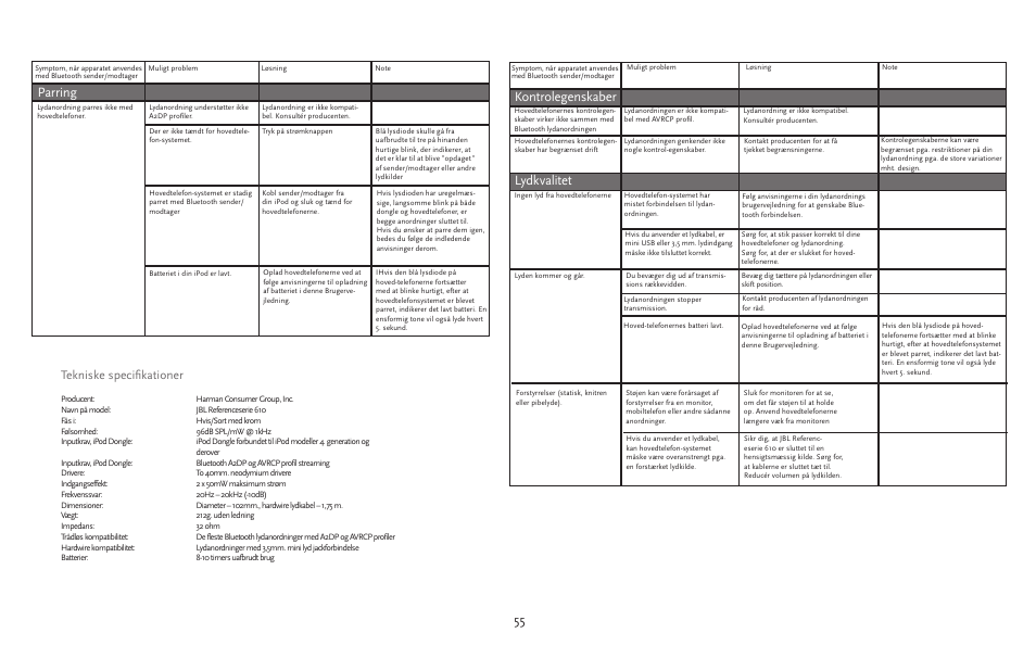 55 parring, Lydkvalitet, Kontrolegenskaber | Tekniske specifikationer | JBL 610 User Manual | Page 55 / 68