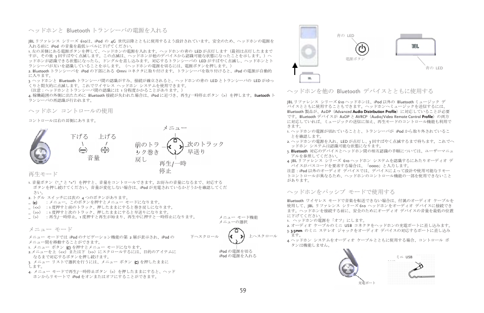 下げる 上げる 音量 前のトラ ック巻き 戻し メニュー 次のトラック 早送り 再生 /一時 停止 | JBL 610 User Manual | Page 59 / 68