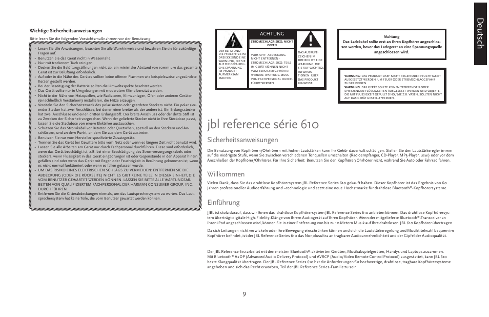 Jbl reference série 610, Deutsch, Sicherheitsanweisungen | Willkommen, Einführung | JBL 610 User Manual | Page 9 / 68