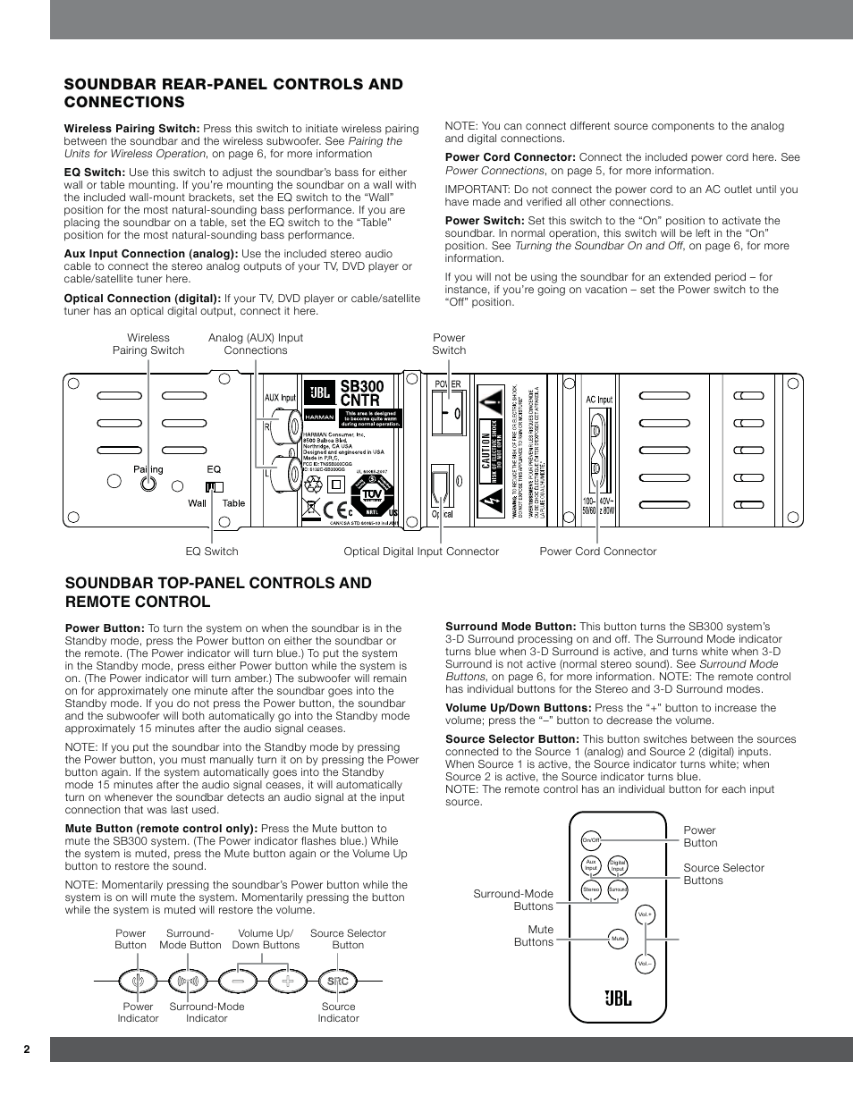 Soundbar rear-panel controls and connections | JBL SB300 User Manual | Page 2 / 8