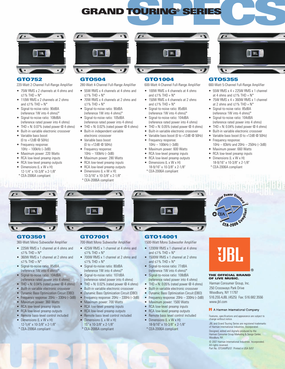 Specs, Grand touring, Series | JBL GTS User Manual | Page 2 / 2