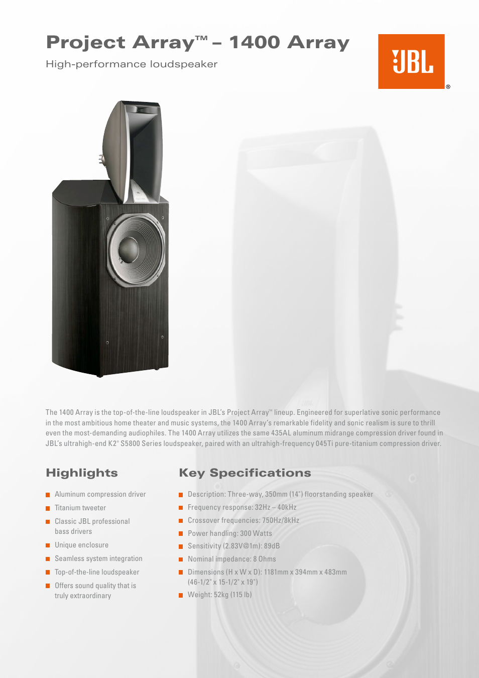 JBL 1400 ARRAY User Manual | 2 pages