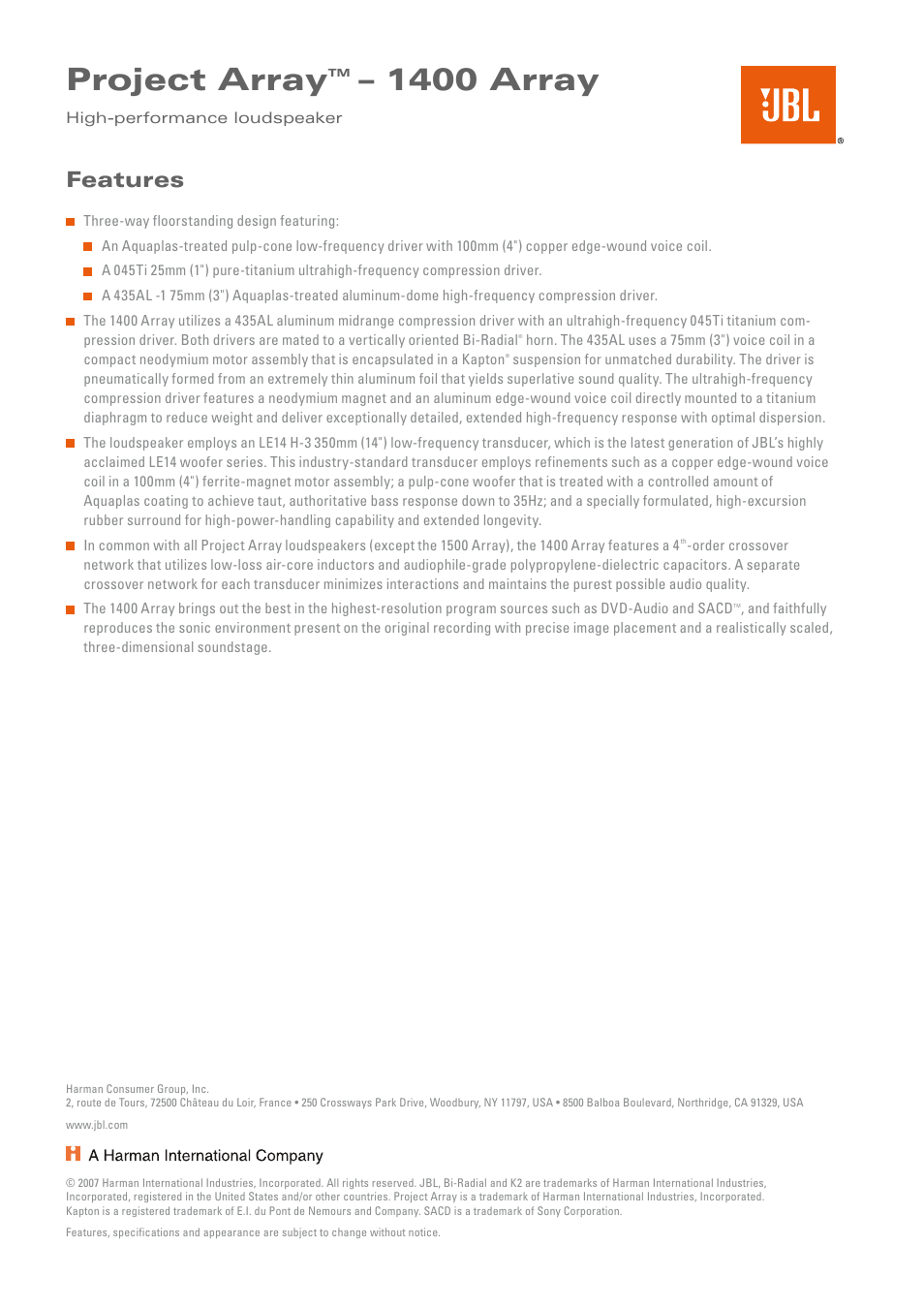 Project array, 1400 array, Features | JBL 1400 ARRAY User Manual | Page 2 / 2
