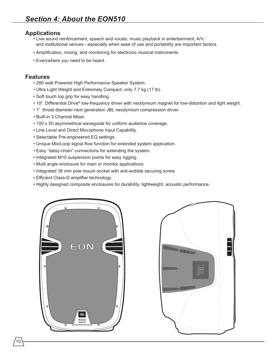 Applications, Features | JBL EON 510 User Manual | Page 10 / 30