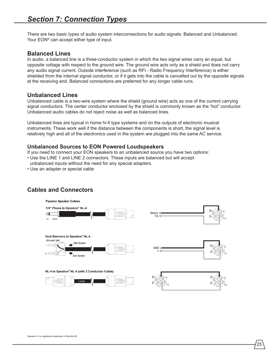 Balanced lines, Unbalanced lines, Cables and connectors | JBL EON 510 User Manual | Page 25 / 30