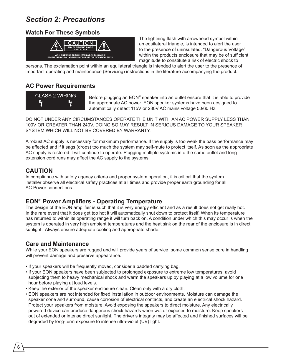 Watch for these symbols, Ac power requirements, Caution | Power amplifiers - operating temperature, Care and maintenance | JBL EON 510 User Manual | Page 6 / 30