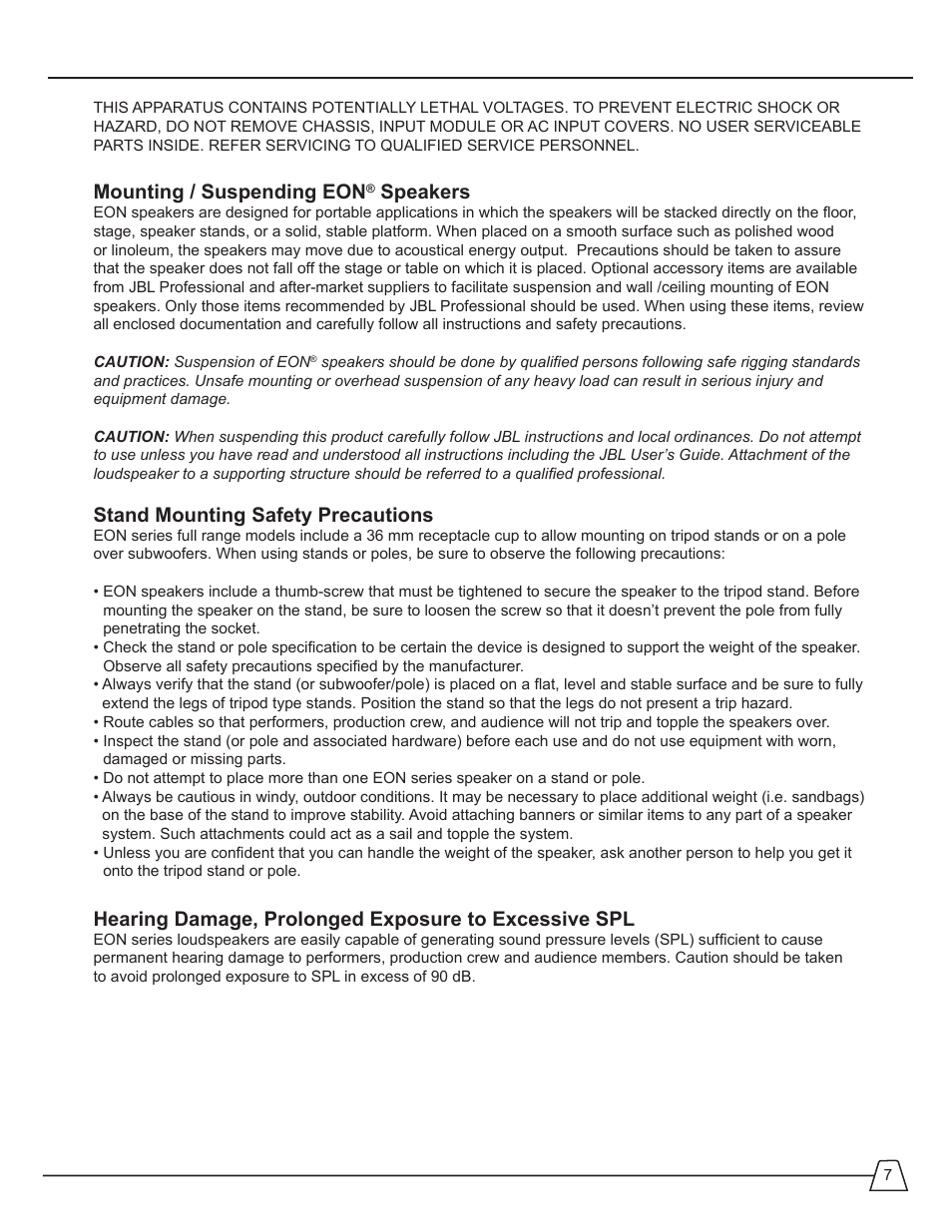 Mounting / suspending eon, Speakers, Stand mounting safety precautions | JBL EON 510 User Manual | Page 7 / 30