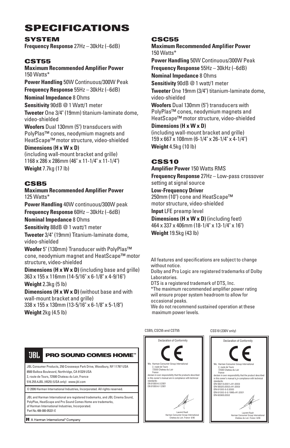 Specifications, Pro sound comes home | JBL CS1500 User Manual | Page 10 / 10