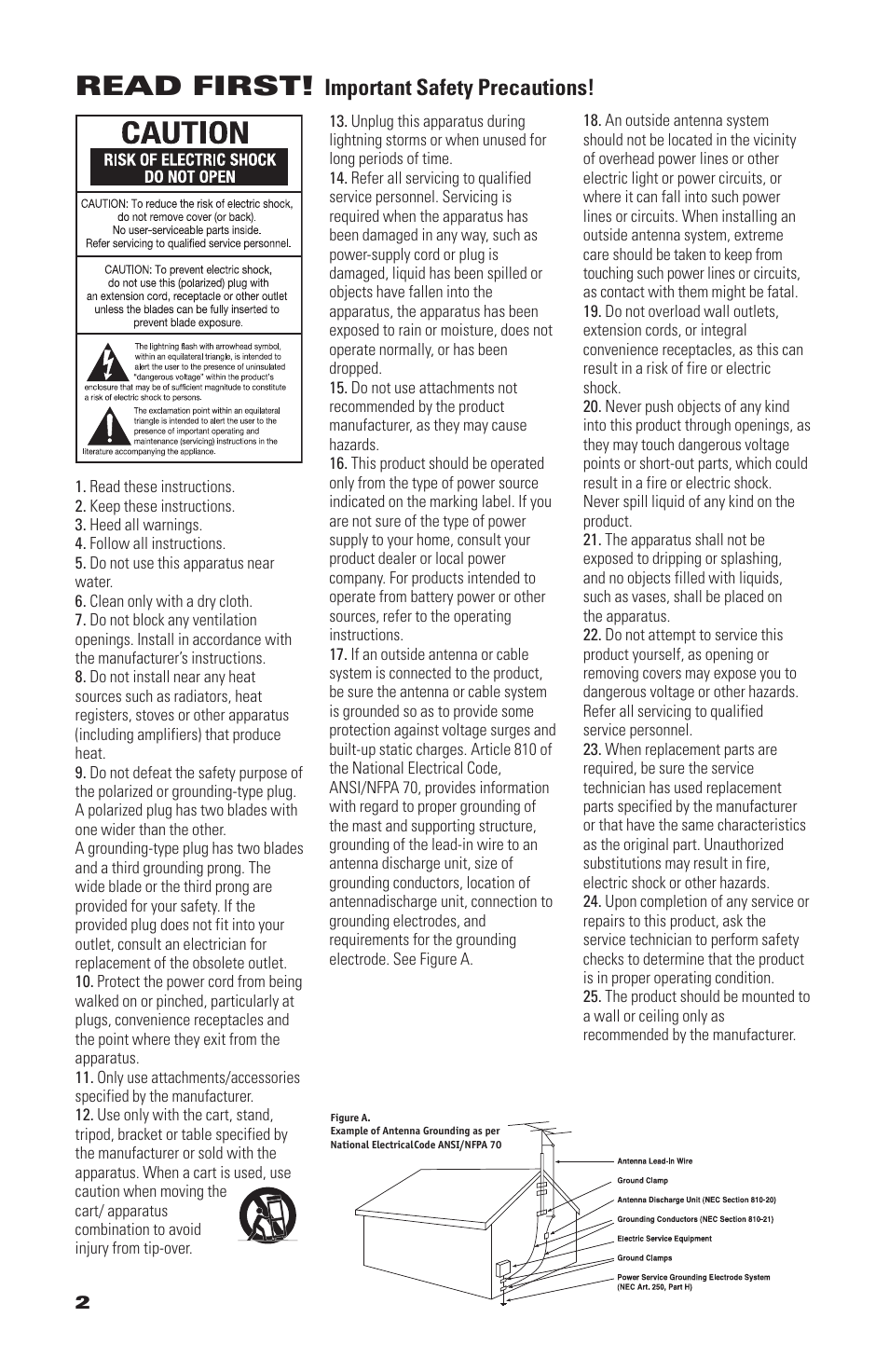 Read first, Important safety precautions | JBL CS1500 User Manual | Page 2 / 10