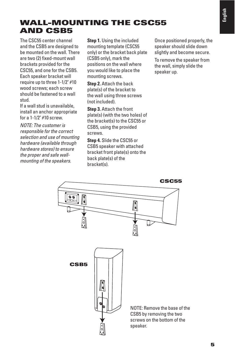 Wall-mounting the csc55 and csb5 | JBL CS1500 User Manual | Page 5 / 10