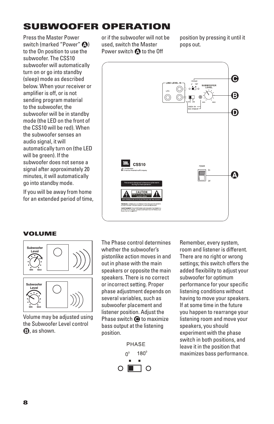 Subwoofer operation | JBL CS1500 User Manual | Page 8 / 10