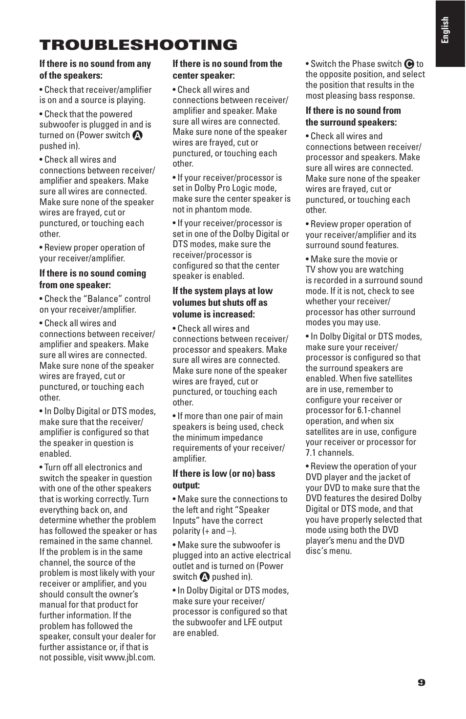 Troubleshooting | JBL CS1500 User Manual | Page 9 / 10