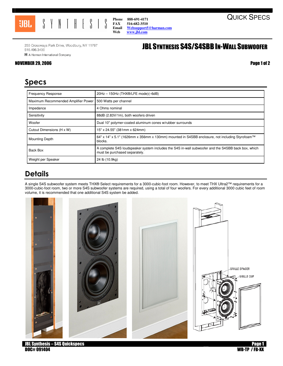 JBL Synthesis S4SBB User Manual | 2 pages