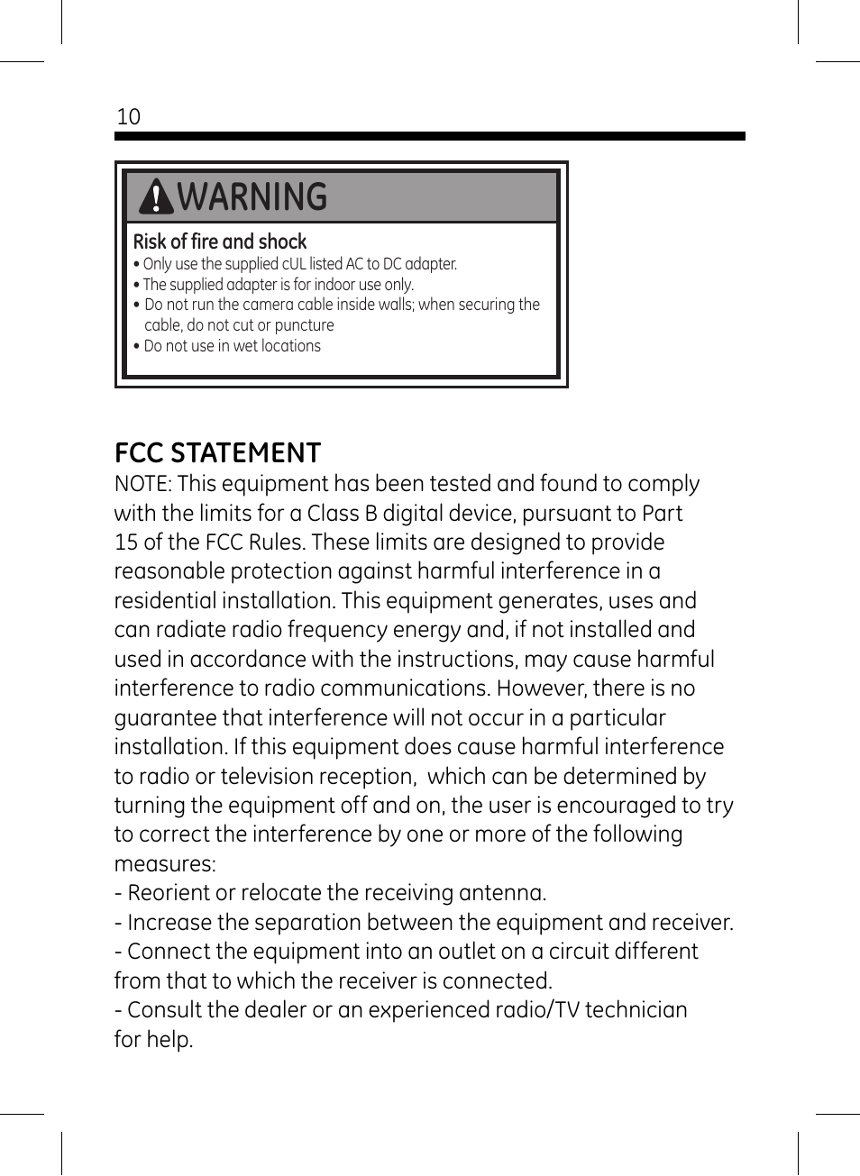 Warning, Fcc statement | GE 45406 GE Home Monitoring Wired Color Camera User Manual | Page 10 / 11