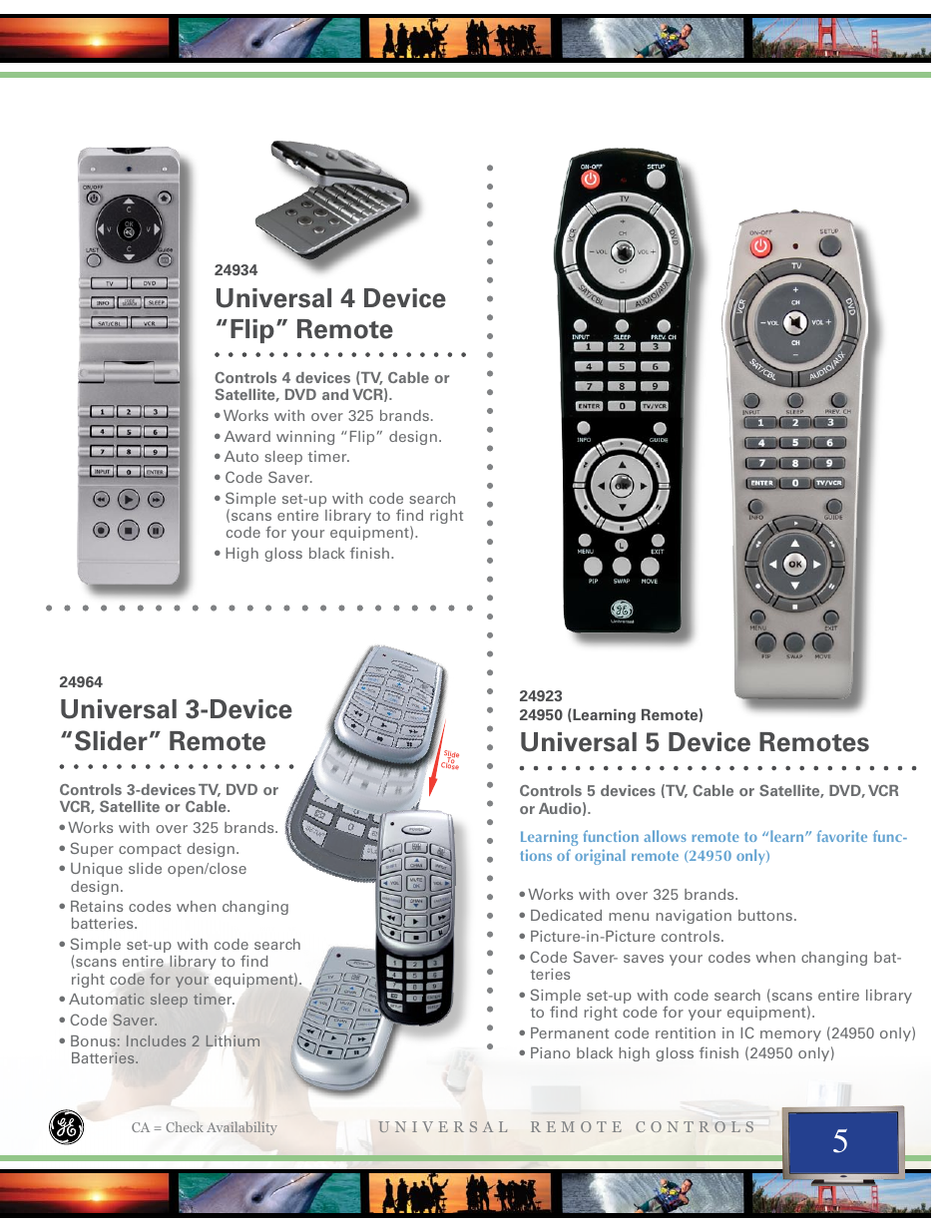 Universal 4 device “flip” remote, Universal 3-device “slider” remote, Universal 5 device remotes | Jasco 24993 User Manual | Page 5 / 16