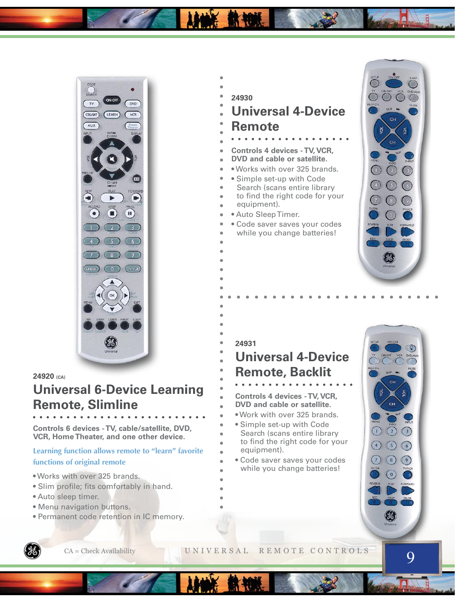 Universal 6-device learning remote, slimline, Universal 4-device remote, Universal 4-device remote, backlit | Jasco 24993 User Manual | Page 9 / 16