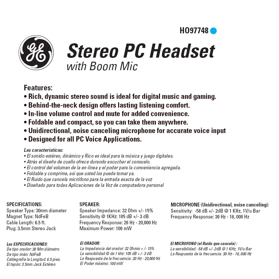 GE 97748 GE Stereo PC Headset with Boom Mic User Manual | 1 page