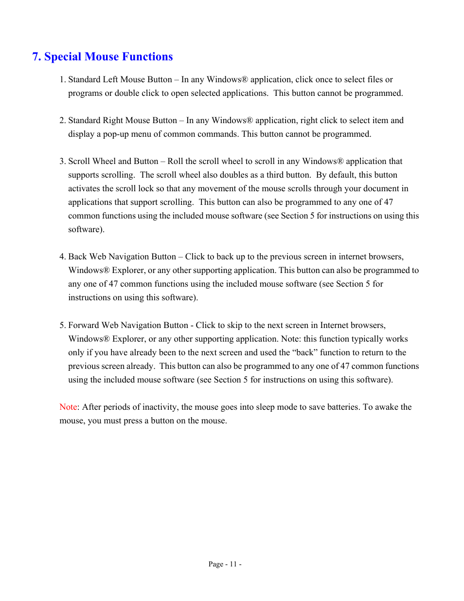 Special mouse functions | GE 98058 GE Wireless Keyboard and Optical Mouse for PCs User Manual | Page 11 / 15