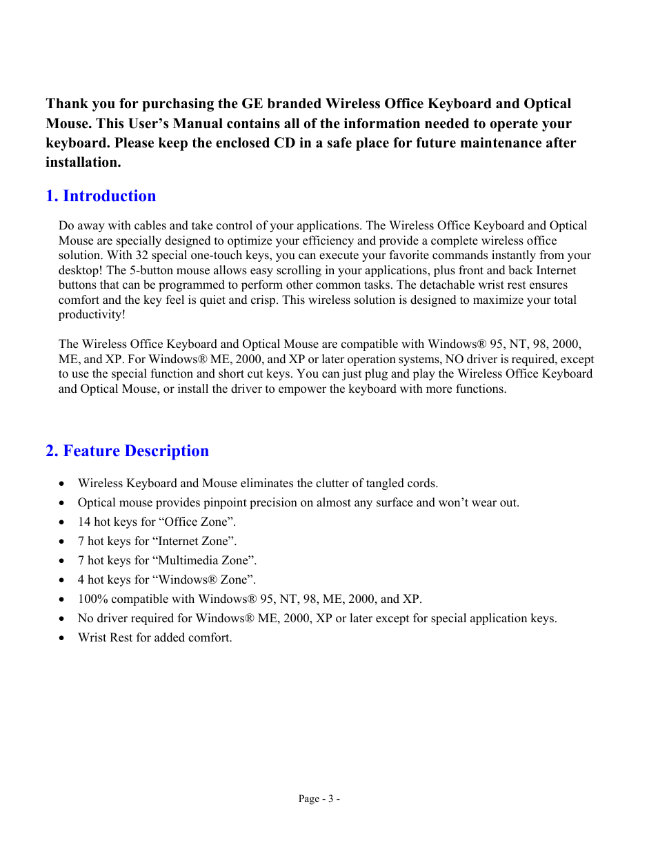 Introduction, Feature description | GE 98058 GE Wireless Keyboard and Optical Mouse for PCs User Manual | Page 3 / 15