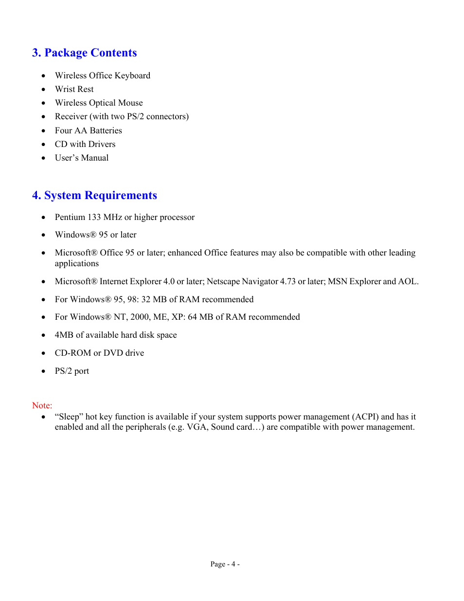 Package contents, System requirements | GE 98058 GE Wireless Keyboard and Optical Mouse for PCs User Manual | Page 4 / 15