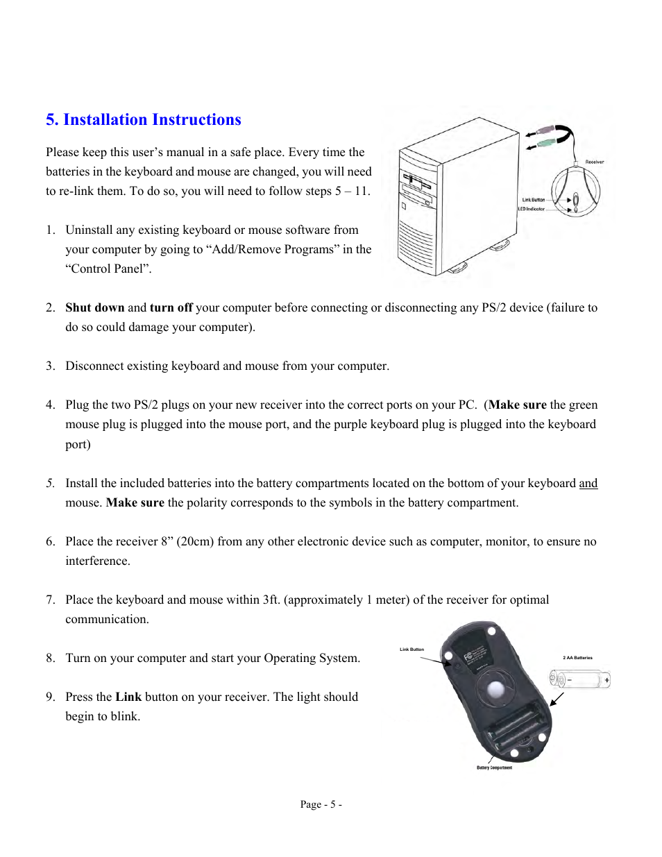 Installation instructions | GE 98058 GE Wireless Keyboard and Optical Mouse for PCs User Manual | Page 5 / 15