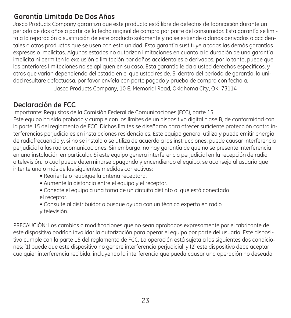 23 garantía limitada de dos años, Declaración de fcc | GE 98650 GE VoIP Webcam and Headset Kit User Manual | Page 25 / 26