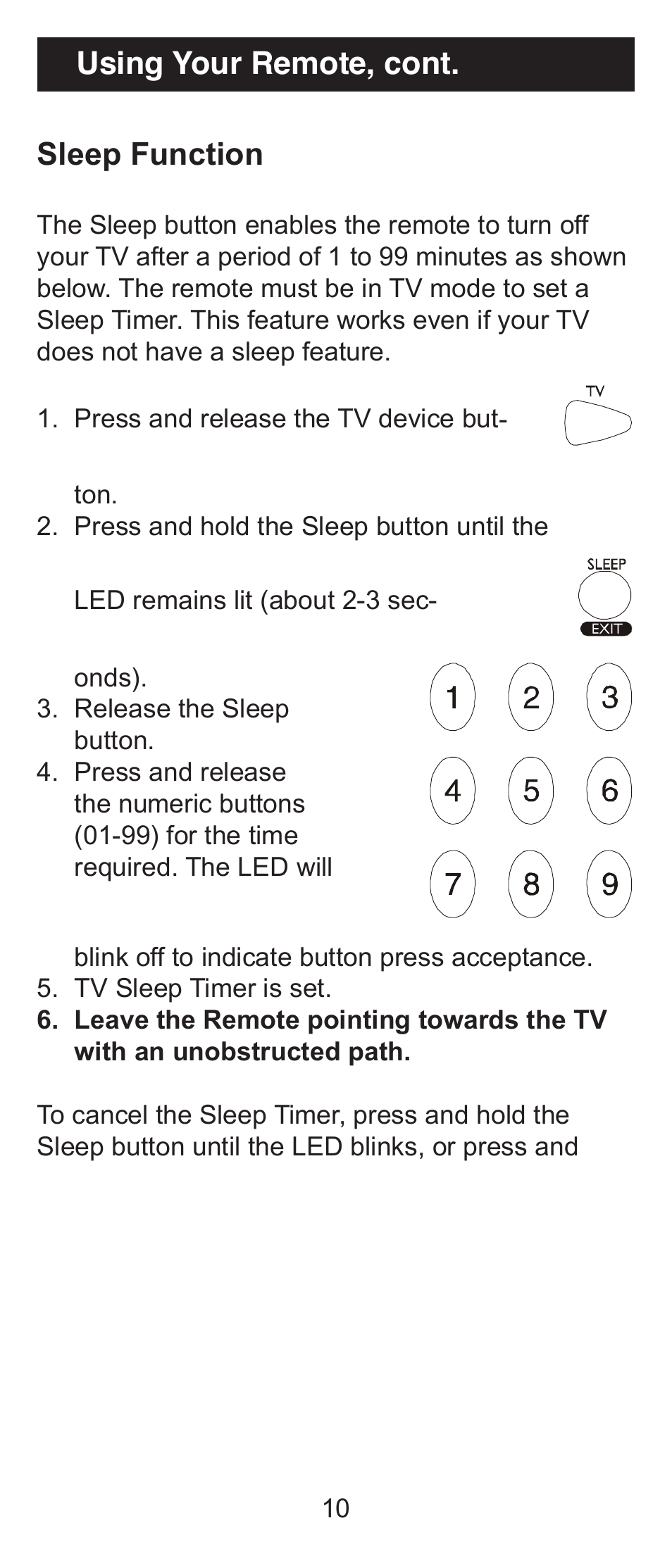 Using your remote, cont. sleep function | GE 84911 GE Universal Big Button Remote User Manual | Page 10 / 31