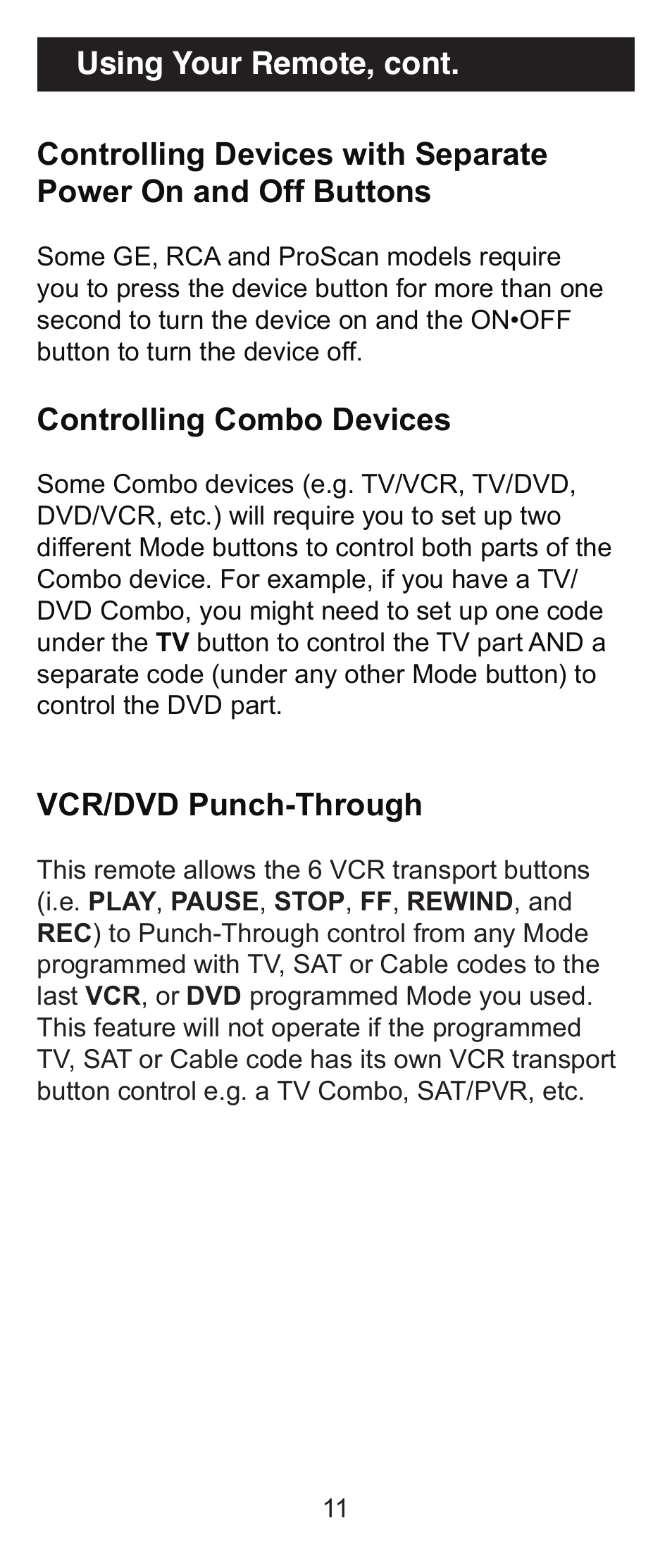 Controlling combo devices, Vcr/dvd punch-through | GE 84911 GE Universal Big Button Remote User Manual | Page 11 / 31