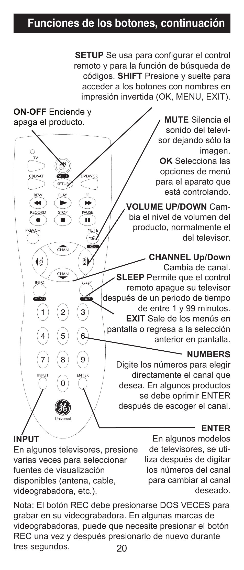 Funciones de los botones, continuación | GE 84911 GE Universal Big Button Remote User Manual | Page 20 / 31