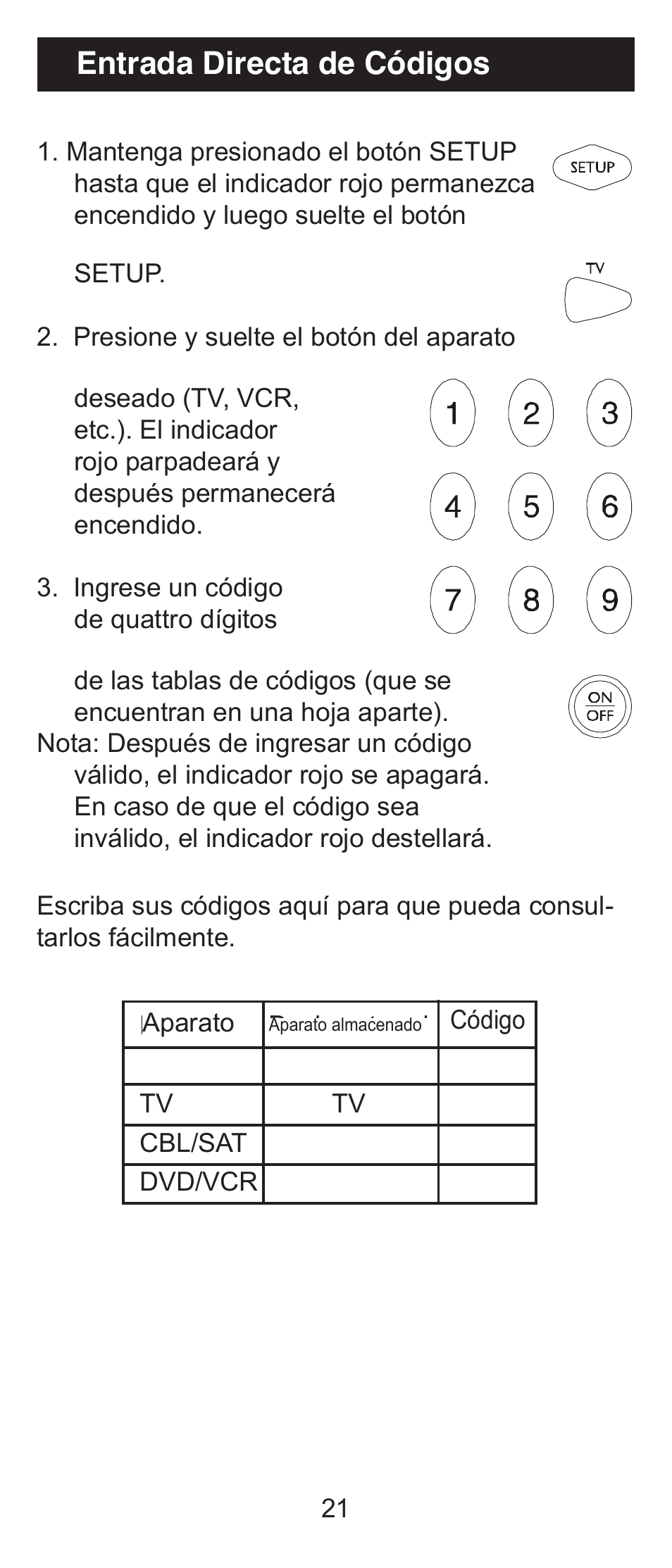 Entrada directa de códigos | GE 84911 GE Universal Big Button Remote User Manual | Page 21 / 31