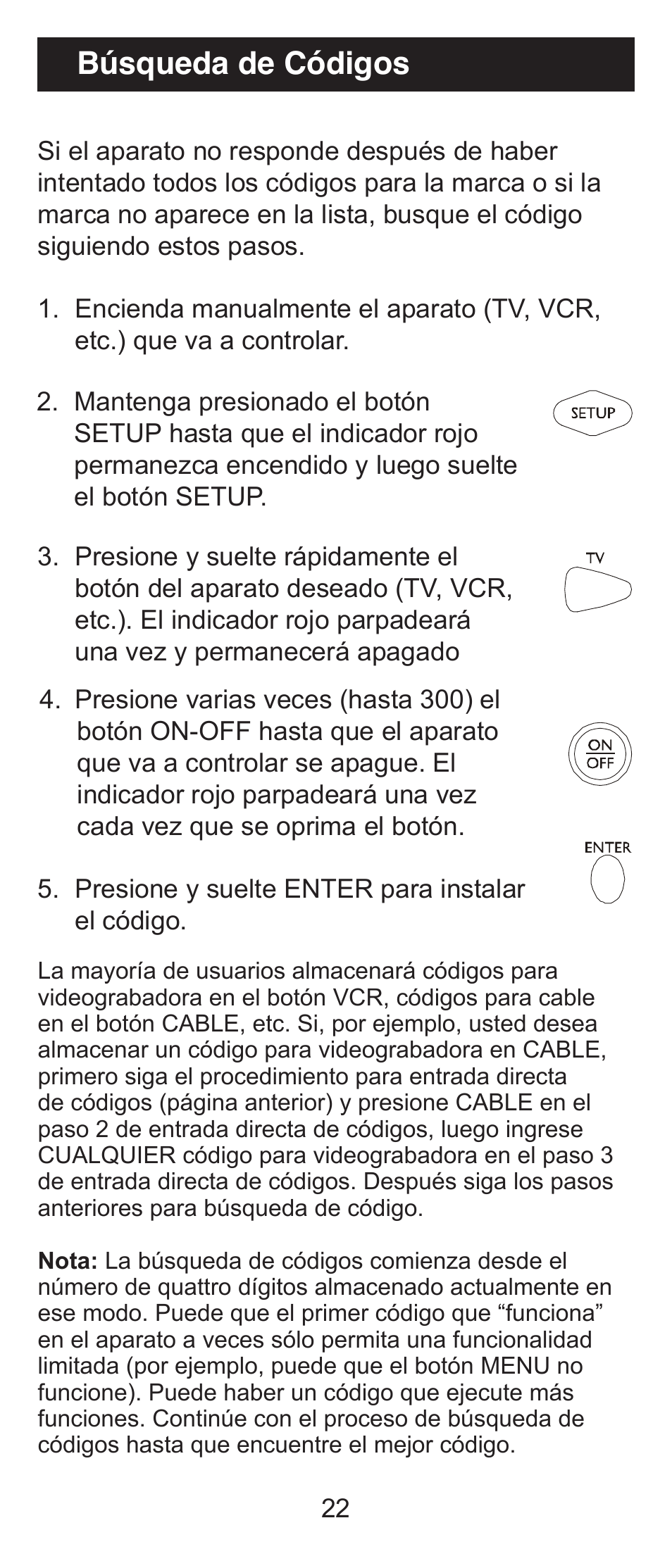 Búsqueda de códigos | GE 84911 GE Universal Big Button Remote User Manual | Page 22 / 31