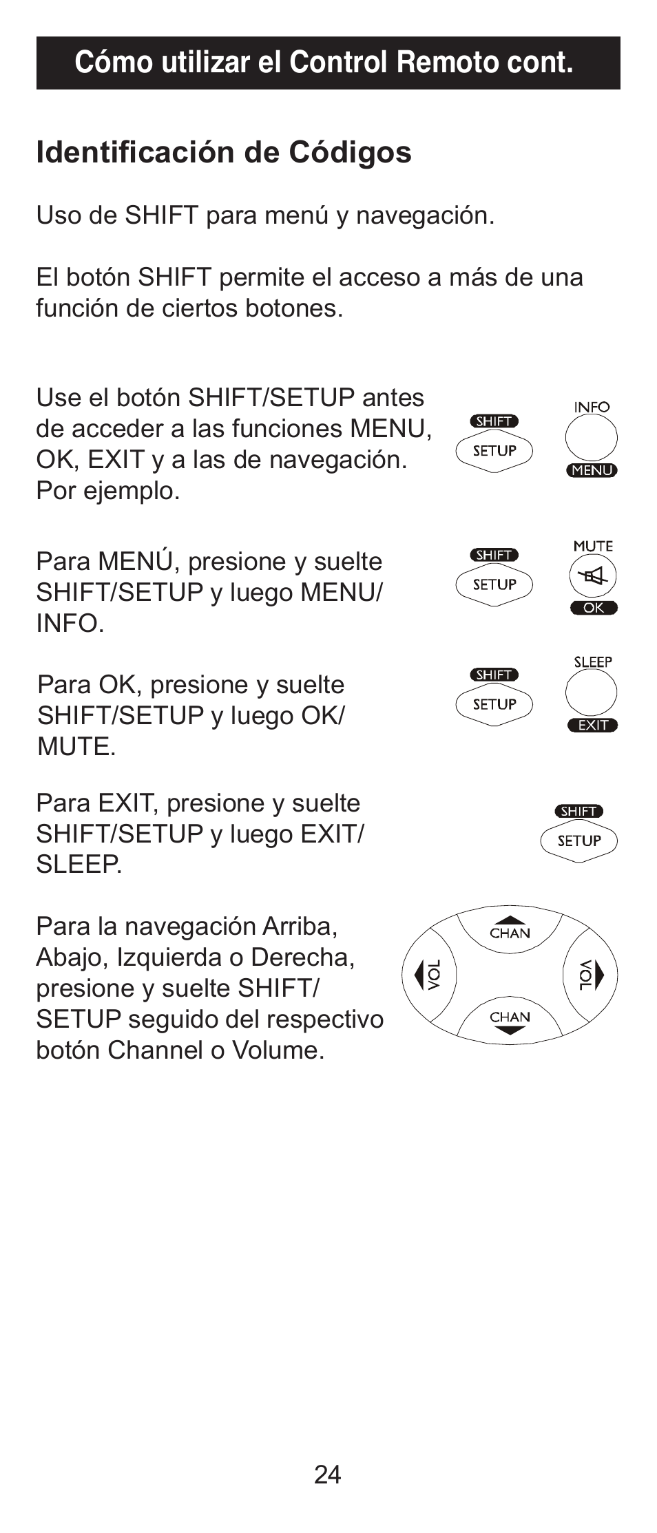 Cómo utilizar el control remoto cont, Identificación de códigos | GE 84911 GE Universal Big Button Remote User Manual | Page 24 / 31