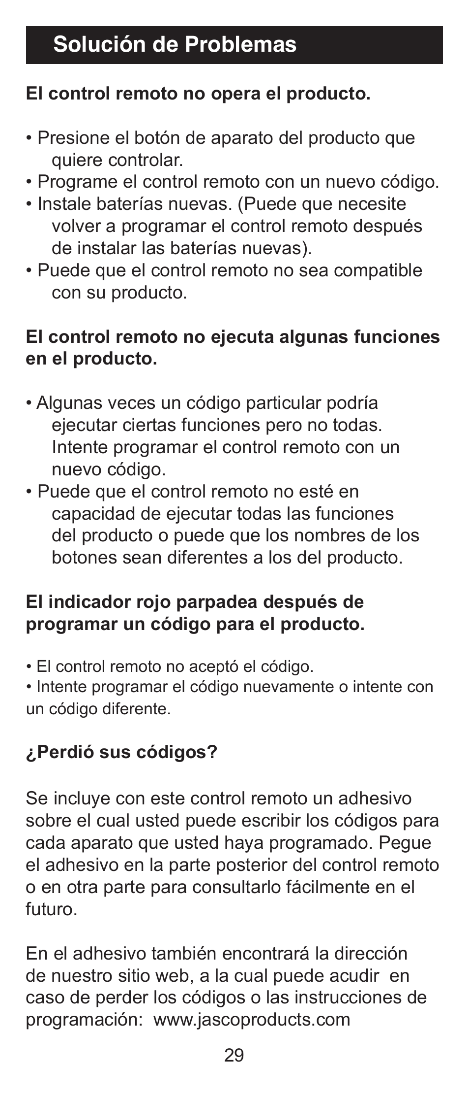 Solución de problemas | GE 84911 GE Universal Big Button Remote User Manual | Page 29 / 31