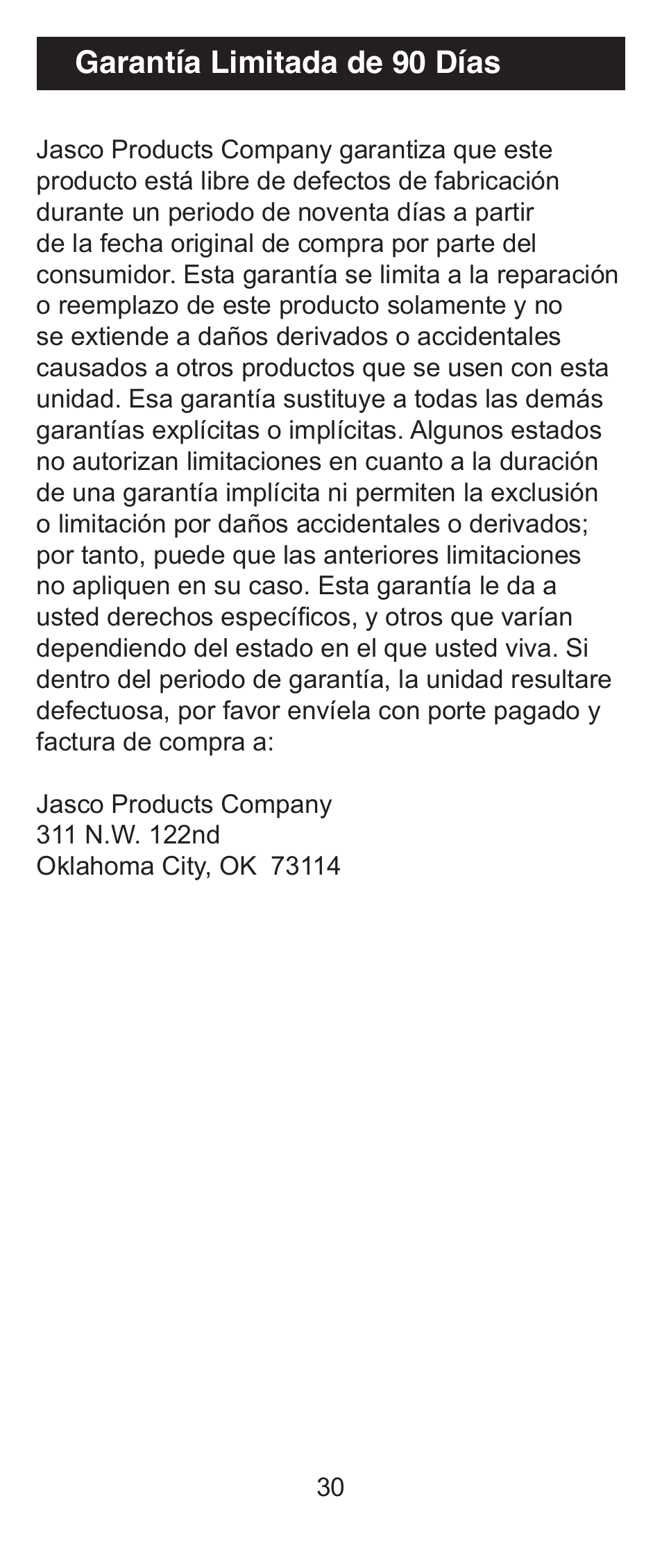 Garantía limitada de 90 días | GE 84911 GE Universal Big Button Remote User Manual | Page 30 / 31