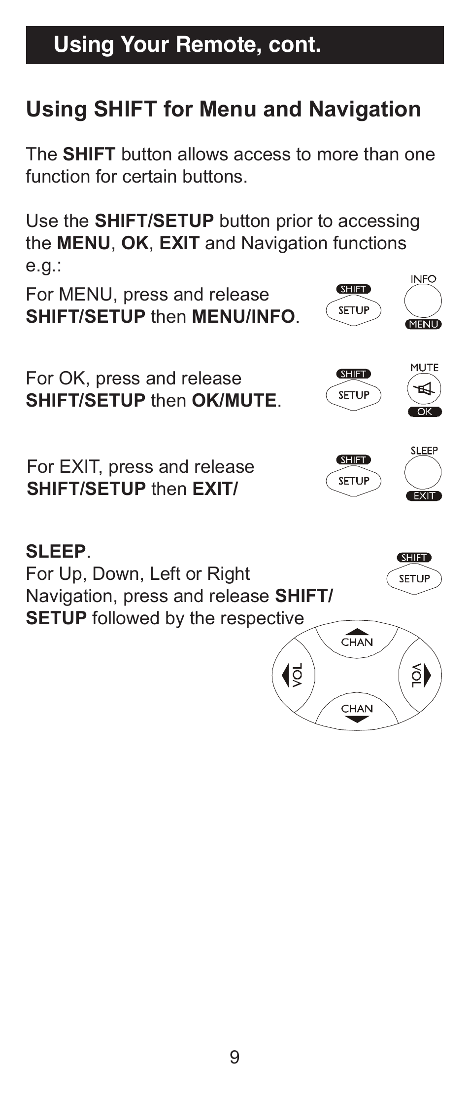 Using your remote, cont, Using shift for menu and navigation | GE 84911 GE Universal Big Button Remote User Manual | Page 9 / 31