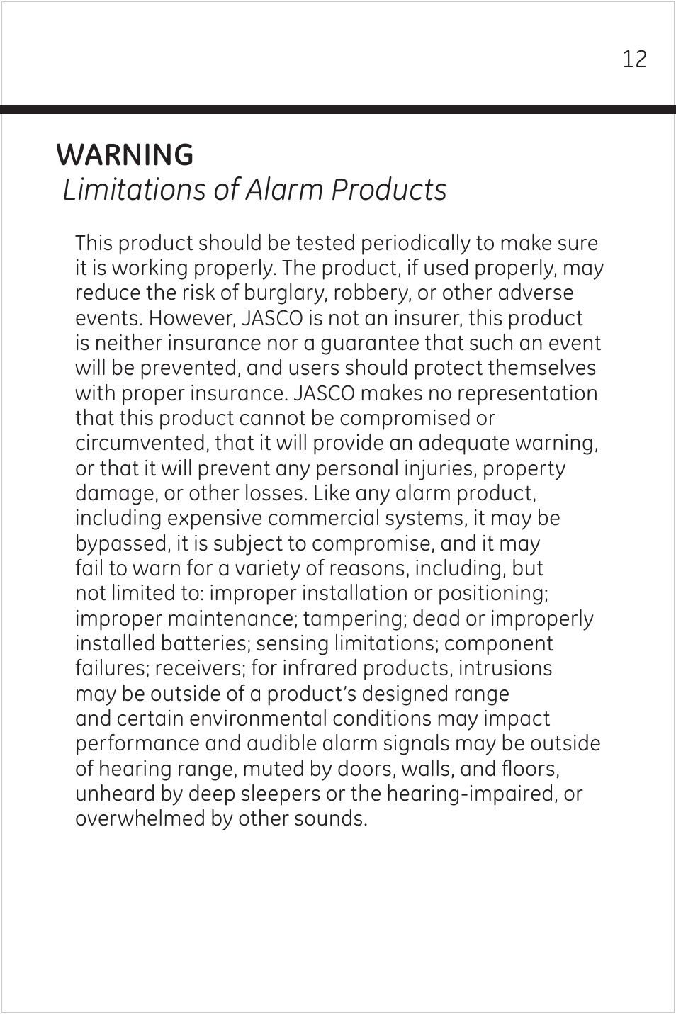 Warning limitations of alarm products | GE 51209 GE Wireless Motion-Sensing Alarm with Programmable Keypad User Manual | Page 12 / 14