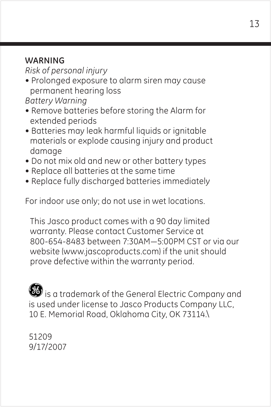 GE 51209 GE Wireless Motion-Sensing Alarm with Programmable Keypad User Manual | Page 13 / 14