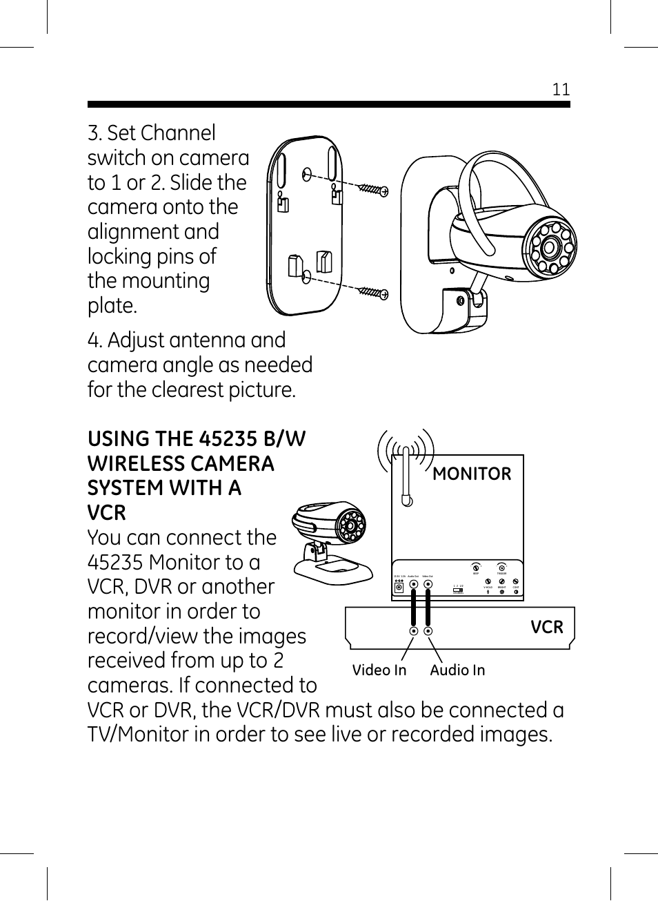 Vcr monitor, Video in audio in | GE 45235 GE Home Monitoring Wireless Black-and-White Camera System with Monitor User Manual | Page 11 / 16