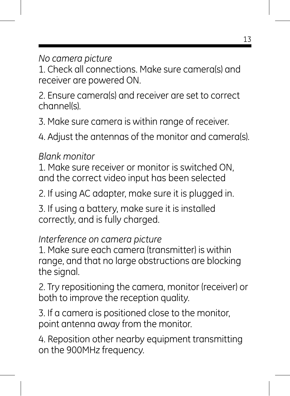 GE 45235 GE Home Monitoring Wireless Black-and-White Camera System with Monitor User Manual | Page 13 / 16