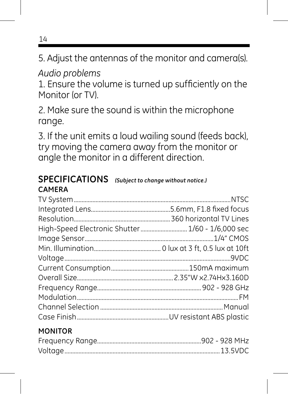 GE 45235 GE Home Monitoring Wireless Black-and-White Camera System with Monitor User Manual | Page 14 / 16