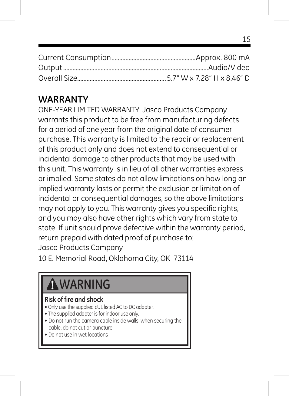 Warning, Warranty | GE 45235 GE Home Monitoring Wireless Black-and-White Camera System with Monitor User Manual | Page 15 / 16