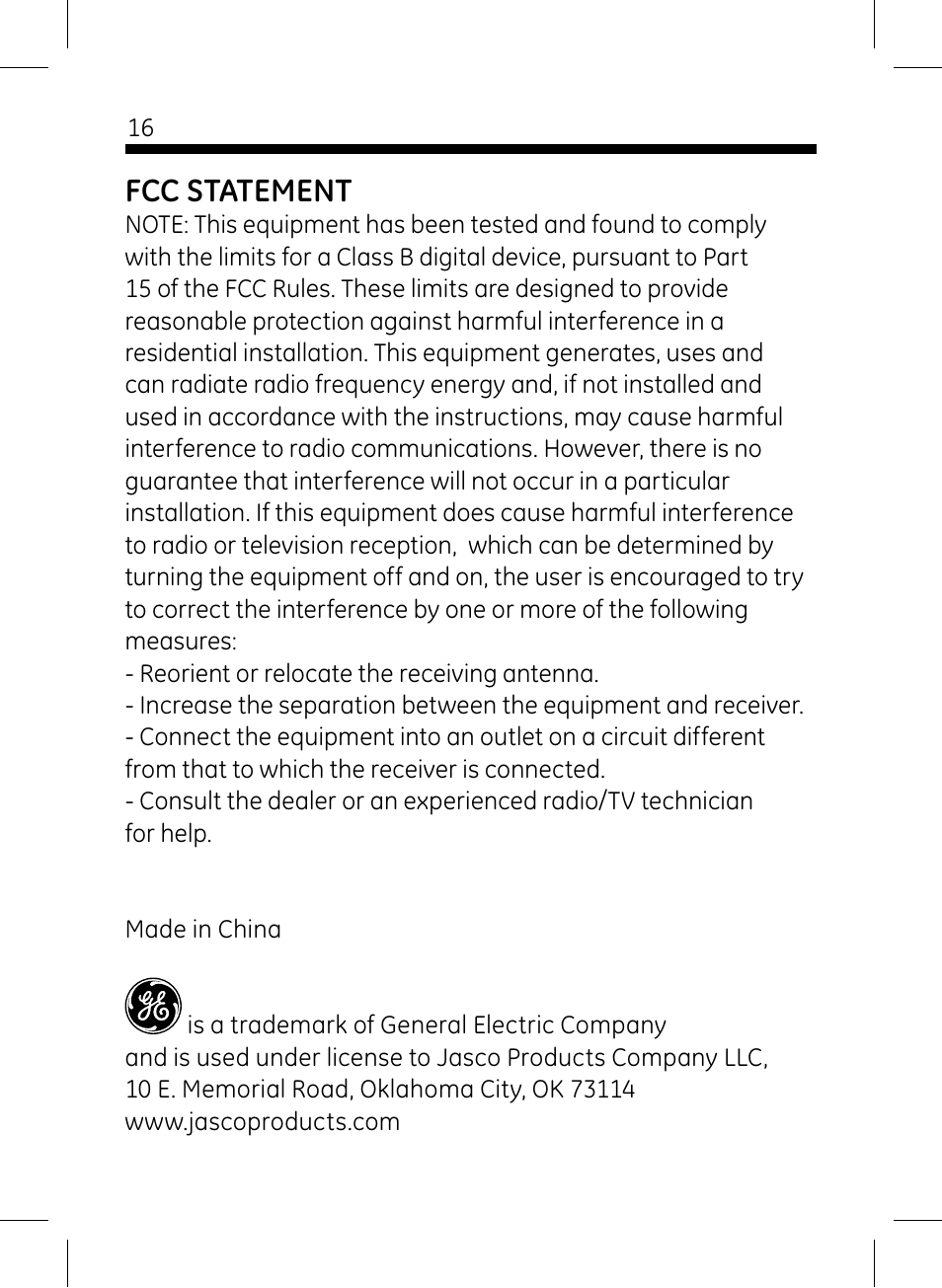 Fcc statement | GE 45235 GE Home Monitoring Wireless Black-and-White Camera System with Monitor User Manual | Page 16 / 16