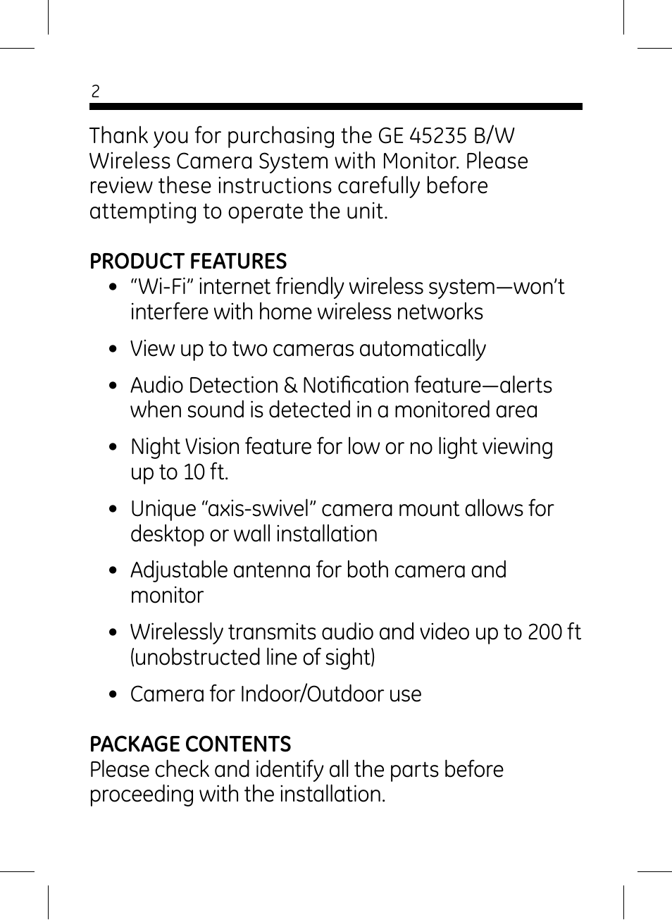 GE 45235 GE Home Monitoring Wireless Black-and-White Camera System with Monitor User Manual | Page 2 / 16