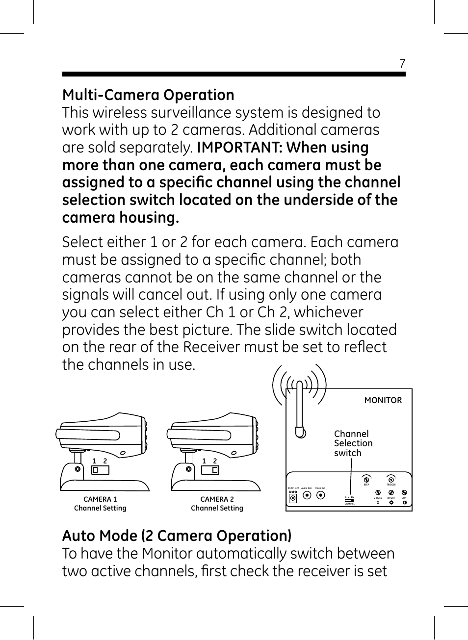 Channel selection switch, Monitor | GE 45235 GE Home Monitoring Wireless Black-and-White Camera System with Monitor User Manual | Page 7 / 16