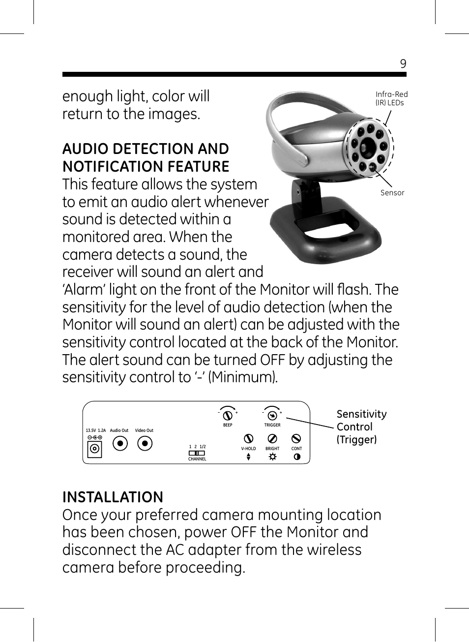 Sensitivity control (trigger) | GE 45235 GE Home Monitoring Wireless Black-and-White Camera System with Monitor User Manual | Page 9 / 16