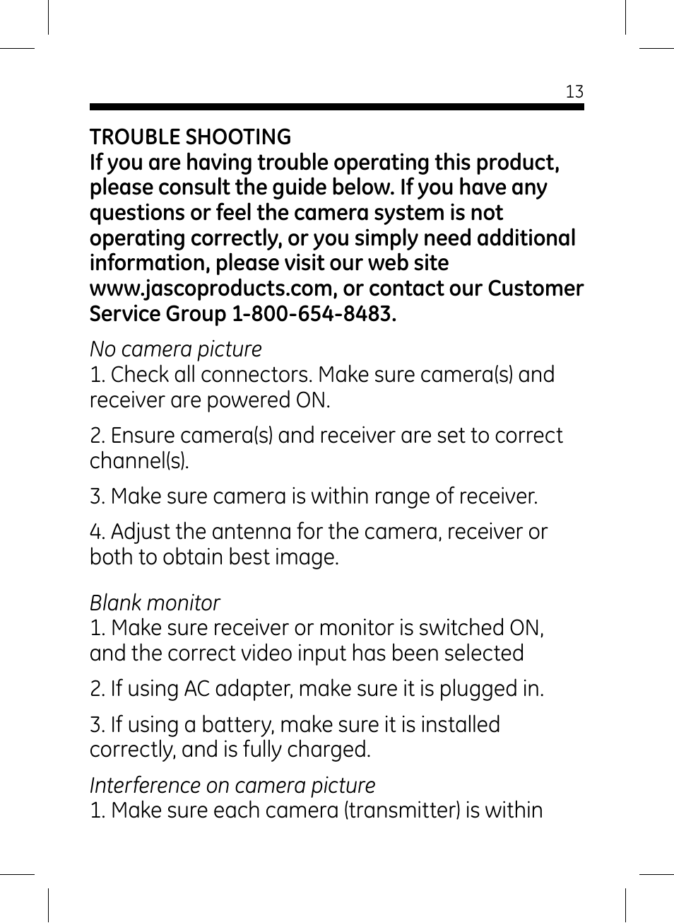 GE 45234 GE Home Monitoring Wireless Color Camera System with Receiver User Manual | Page 13 / 16